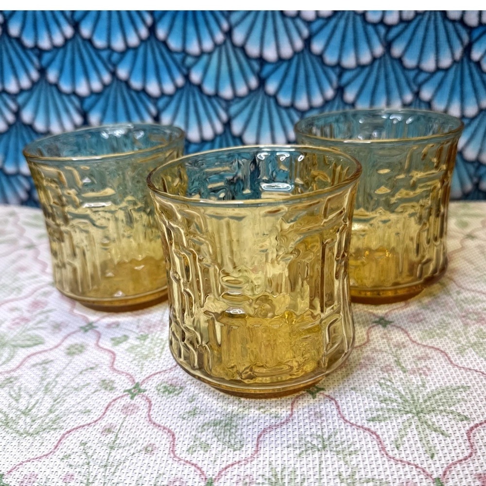 Vintage Libbey Artica On The Rocks Glass Tumblers Set of 3 Gold Textured